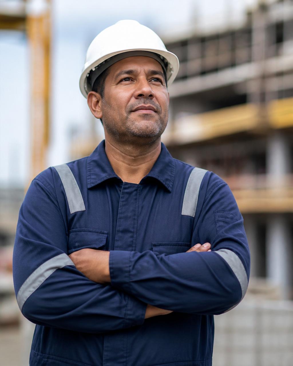 Trabalhador com capacete e uniforme — acidente de trabalho e ação trabalhista